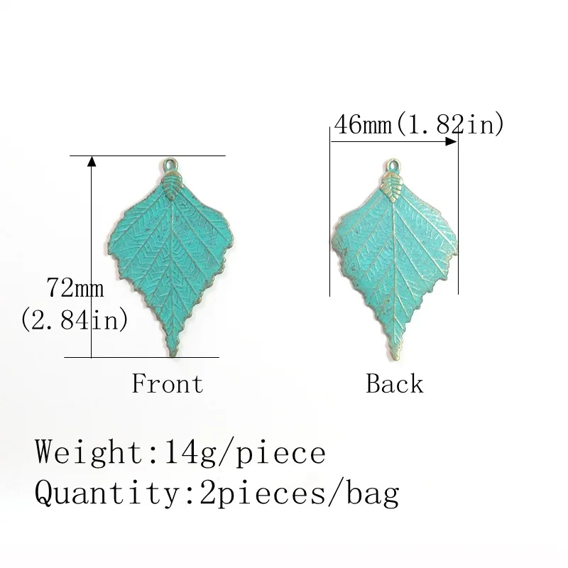 2pcs/bag 72*46MM Retro Patina Plated Zinc Alloy Green Big Leaf Charms Pendants For DIY Accessories