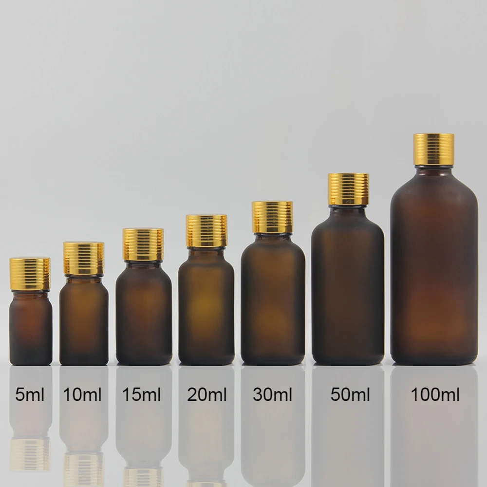 

China Manufacture e liquid glass bottle 50ml frosted amber glass perfume bottle with black plastic and gold aluminum lid