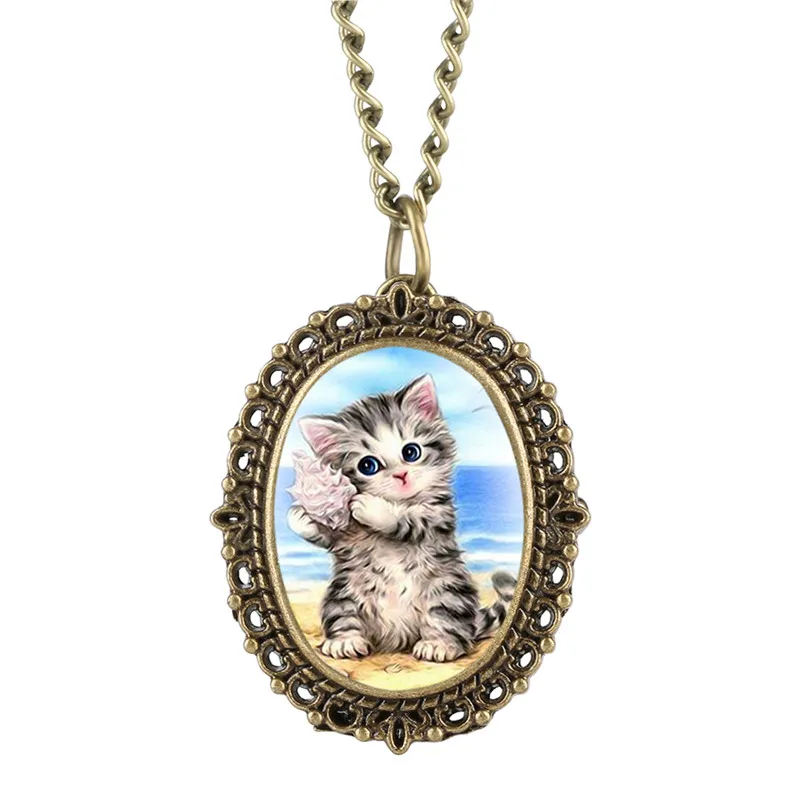 Dropshipping Conch Kitten Patch Pocket Watch for Girl Ocean Pattern Quartz Pocket Watches Elliptical Gift for Pocket Watch