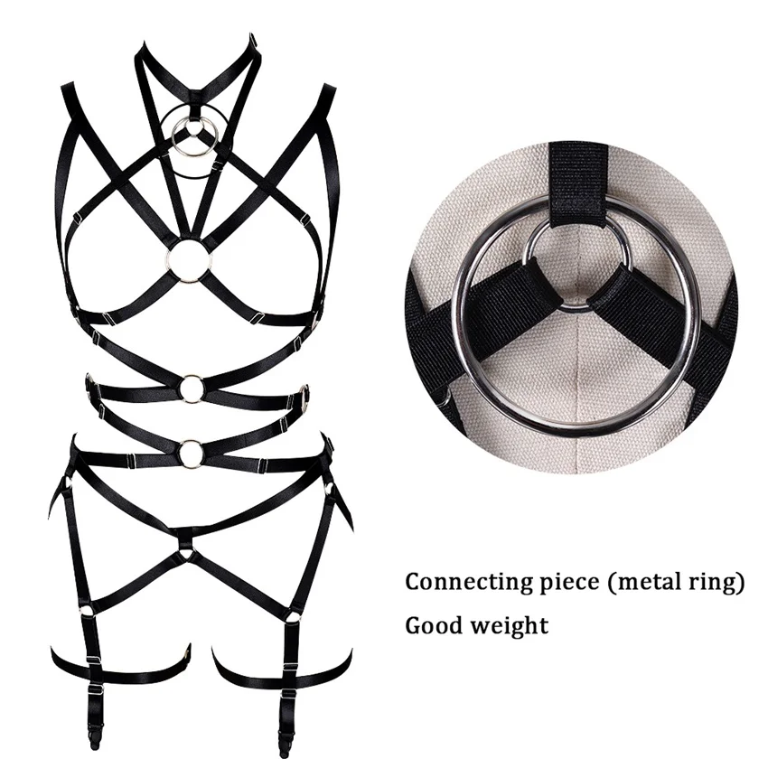 

Body Harness Bra Women Black Strappy O-ring Tops Hollow Out Sexy Lingerie Set Plus Size Elastic Adjust Goth Club Dance Rave