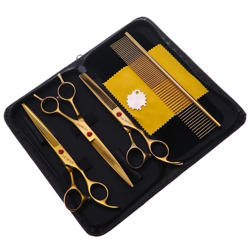 

7" Professional Hair Scissors Salon Barber Hairdressing Shears Haircut Tool Kit 4Pcs/Set For Pet Grooming Hair Gold Style