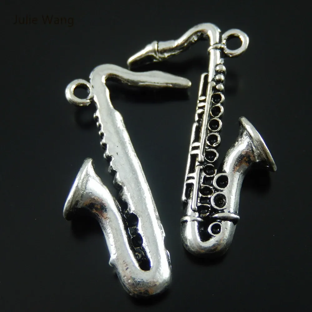 Julie Wang 2/5/10PCS Sax Shape Charms Alloy Antique Silver Color Necklace Jewelry Making Pendant Musical Instrument Accessory