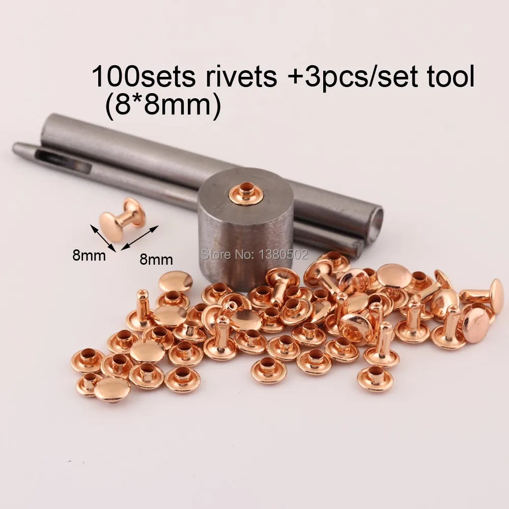 100sets/lot 8*8mm rose gold color Double Cap Rapid Rivets with 3pcs tool garment belt bag accessories