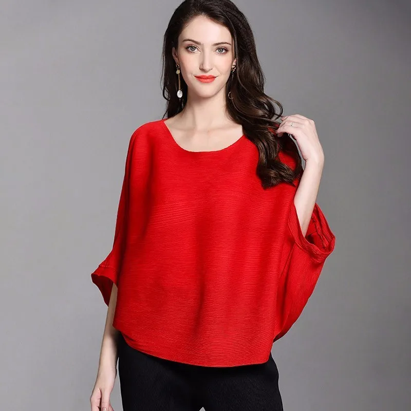 LANMREM 2024 High Quality New Fashion Loose Pleated T-shirt Round Collar Batwing Half Sleeve Pleated Women\'s  Tops YE112