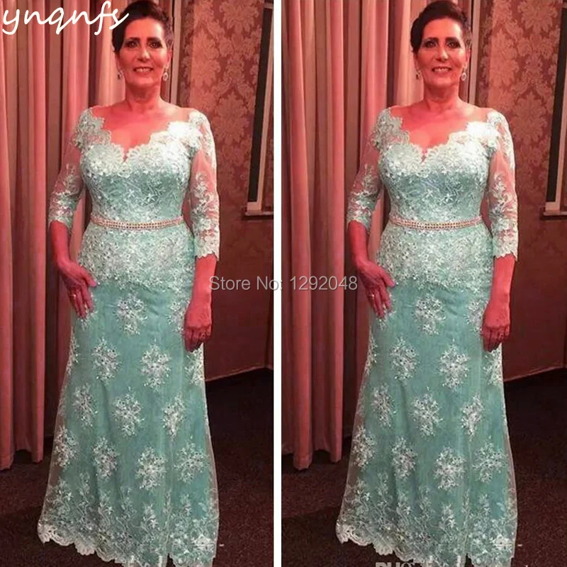 YNQNFS M67 A Line 3/4 Sleeves V Neck Beaded Vestidos Formal Dress Elegant 2019 Turquoise Mother of the Bride Lace Dresses