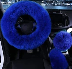 3pcs/Set High Quality Artificial Fur Car Auto Long Plush Warm Steering Wheel Handbrake Cover Blue