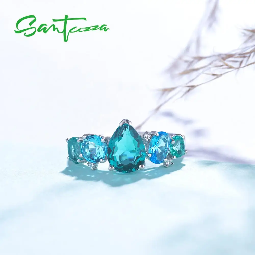 SANTUZZA Cincin Perak untuk Wanita 925 Sterling Perak Terbaru Desain Mengkilap Biru Kristal Cubic Zirconia Cincin Trendi Fashion Perhiasan