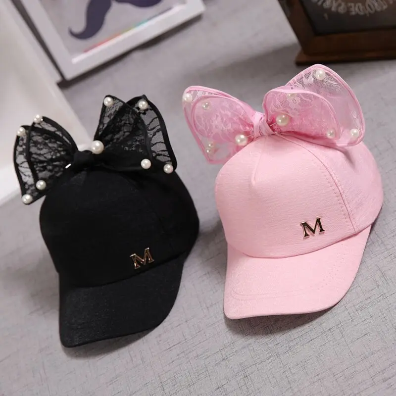 Cute Children Mesh Cap Spring Summer Children Baseball Cap Girls Snapback Hip Hop Caps Rabbit Ear Pearl Big Bow Kids Sun Hat