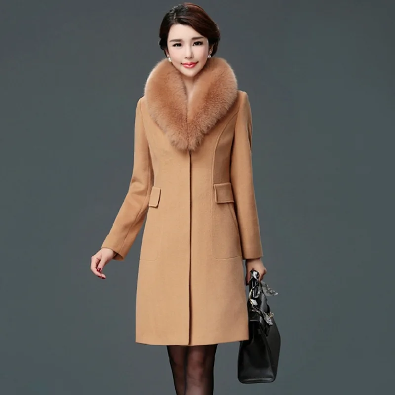 Elegant Solid Long Woolen Winter Coats Slim Pockets Office Wool Coat and Jacket Covered Button Fur Collar Ladies Coats