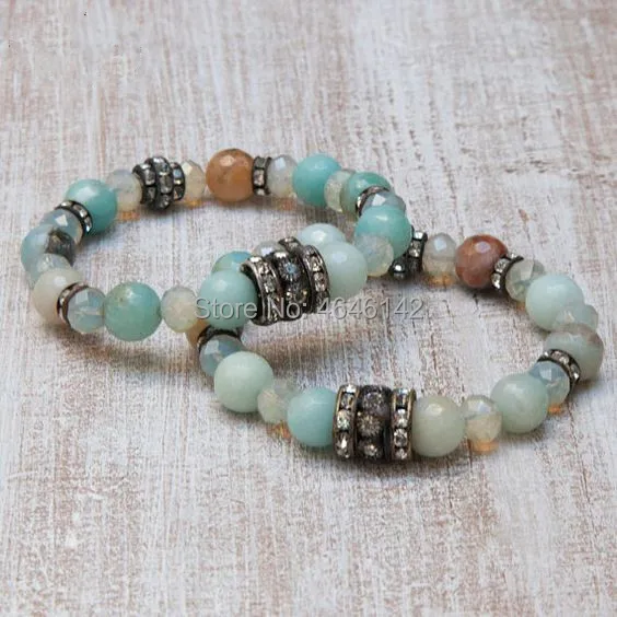 

Boho Chic Opal Beads And Amazonite Beaded Pave Rhinstone Stretch Bracelet