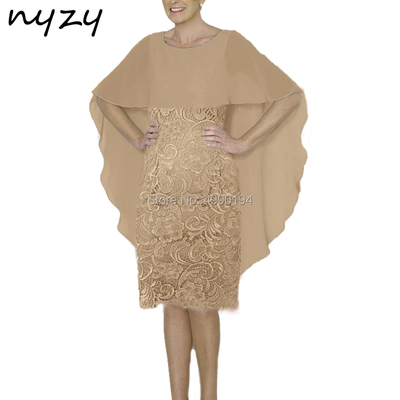 

NYZY M46G Lace Short Mother of the Bride Groom Dresses with Cape Sleeves Champagne Outfits Formal Dress for Wedding Party Guest