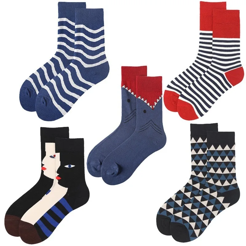 

Men Socks Funny Big Face Shark Wave Triangle Stripe Personality Black Fashion Happy Harajuku Hip Hop Cotton Socks Autumn Winter
