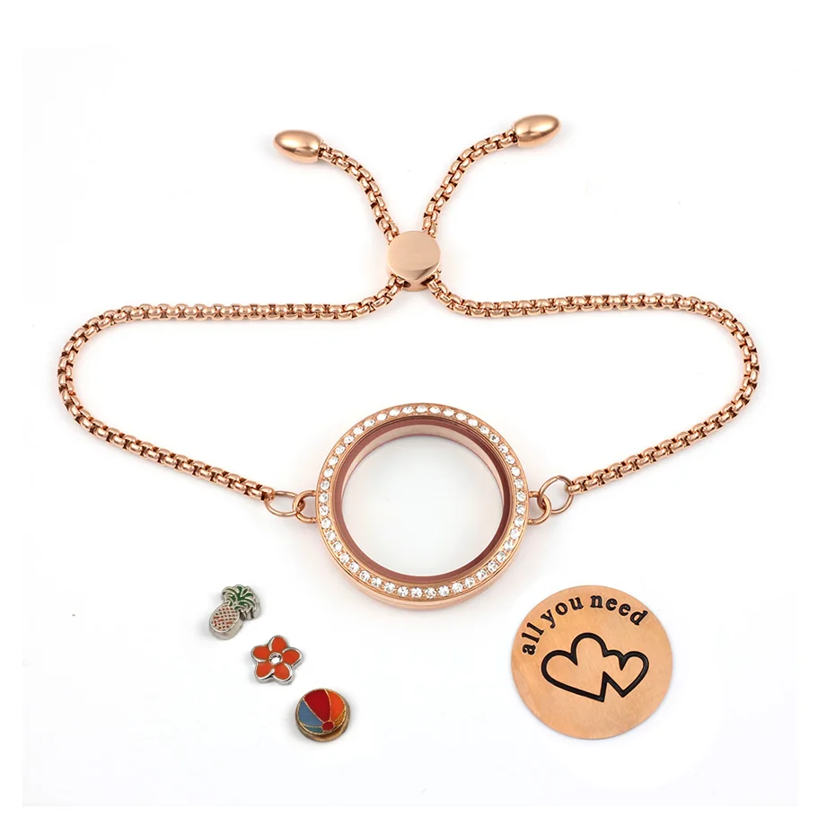 Carvort Twist Waterproof Floating Charms Glass Locket with Crystals Bracelet 316L Stainless Steel Pendant with Adjustable Chain