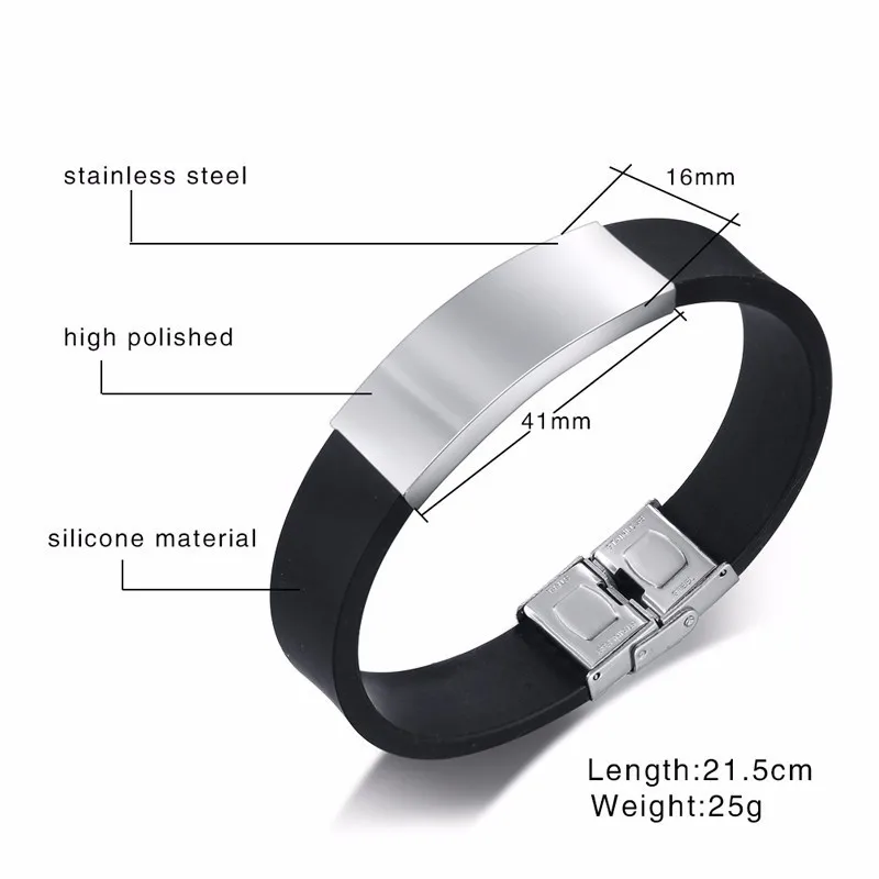 Vnox Custom TO HUSBAND Bracelets for Men Black Silicone Wrist Band with Stainless Steel Tag Valentine's Day Gift for Him