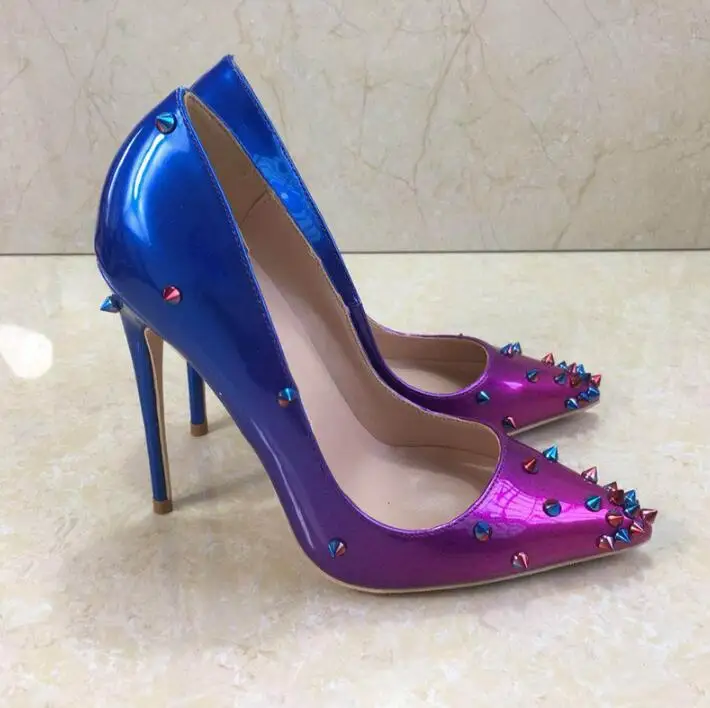 Fashion Mixed Color Rivets Pointed Toe Woman Stiletto Shoes Sexy Patchwork Thin Heels Pumps Party Shoes Lady Real Photo Heels