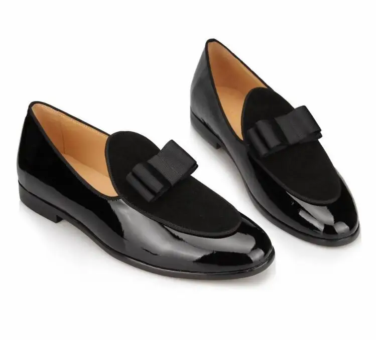 Hot Sale Black Suede Loafers Fashion Patent leather Men Bow Tie Moccasins Man Flats Wedding Men\'s Dress Shoes Casual Shoes