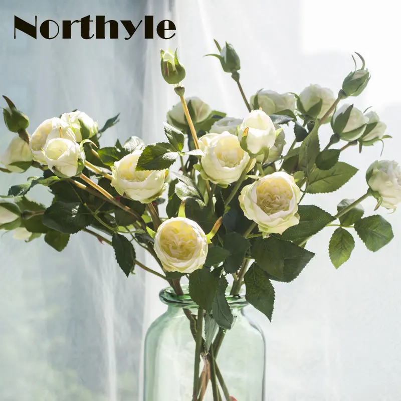 Northyle 5 Heads Artificial White Ramose Roses Flowers For Home Decoration Accessories Wedding Artificial Flower Arrangement