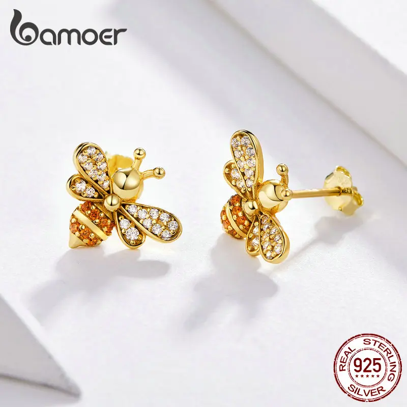 BAMOER Baby Bee Stud Earrings for Women Fashion Crystal Ear Studs 925 Sterling Silver Jewelry for Girl Anti-allergy SCE344