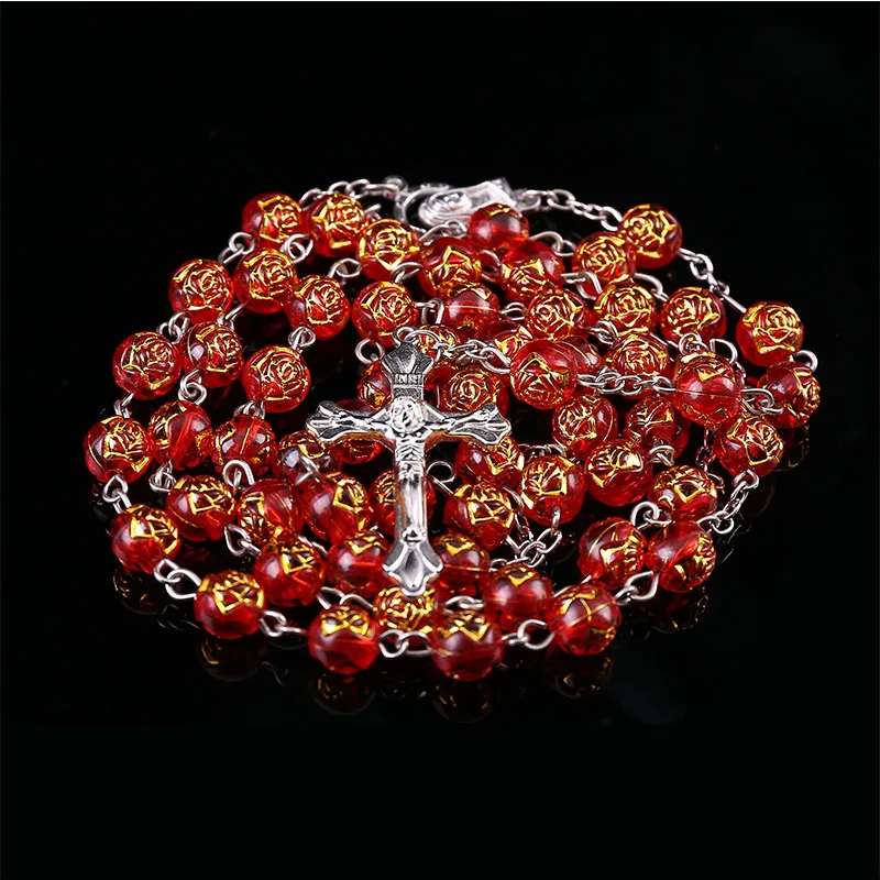 8mm Round Rose Bead Necklace, Heart-shaped Rosary Jesus Pendant in Catholic Virgin Mary Center