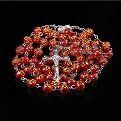 8mm Round Rose Bead Necklace, Heart-shaped Rosary Jesus Pendant in Catholic Virgin Mary Center