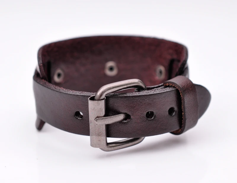 Star Button Style Metal Studded Genuine Punk Quality Wide Cowhide Leather Bracelet Cuff Wristband Bangle Brown