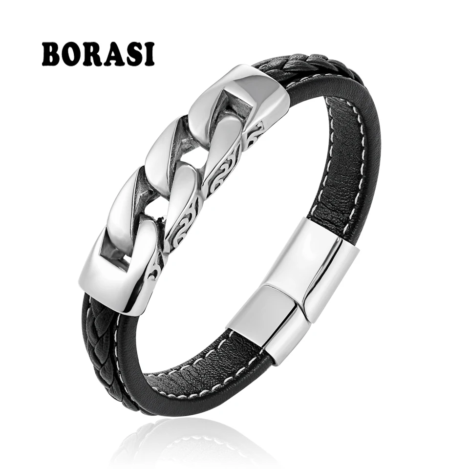 BOBASI Genuine Leather Titanium Steel Men's Bracelets & Bangles Handmade Wristband Pulseras Charm Bracelets Gift For Cool Boys