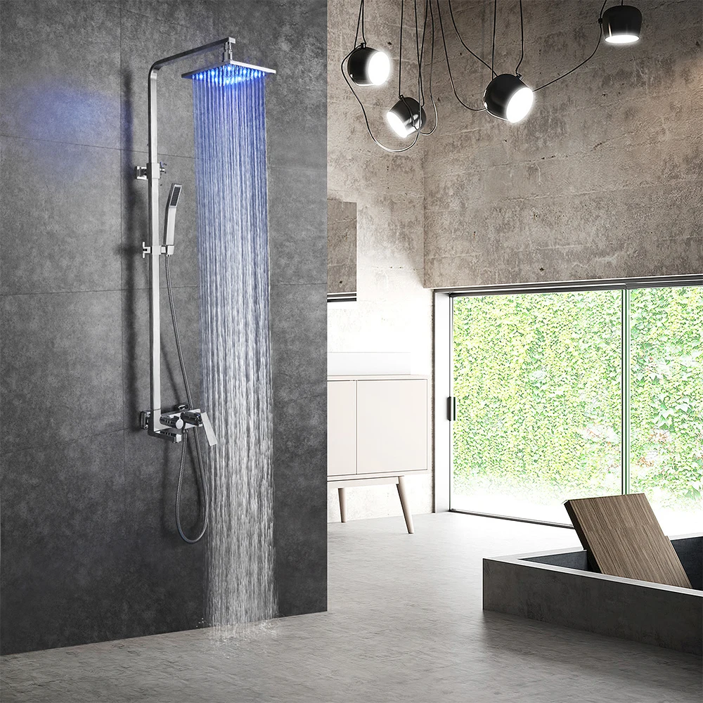 

SKOWLL Bathroom Shower Set Rain Shower LED Head Rainfall Shower Set with Tub Faucet 180-Degree Swivel SK-9109, Polished Chrome