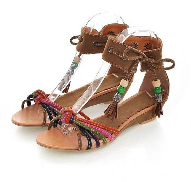 

Summer Bohemia Multicolor Faux Suede Fringed Sandals Low Wedges Heels Beading Lace Up Tassel Sandalias Ladies Vacation Shoes