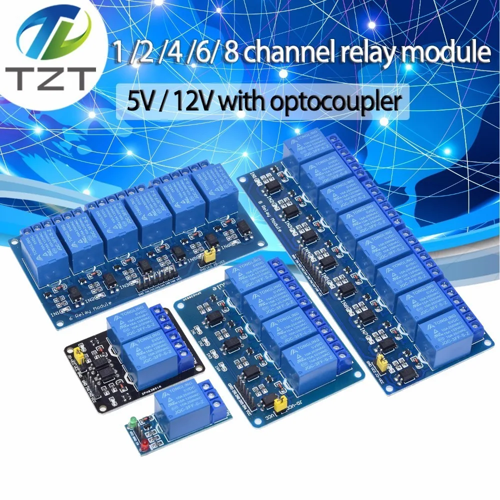 Módulo de relé con optoacoplador TZT 5v 1 2 4 6 8 canales Salida de relé de 1 /2 /4/6/8 vías, módulo de relé de 12V y 24V para arduino azul