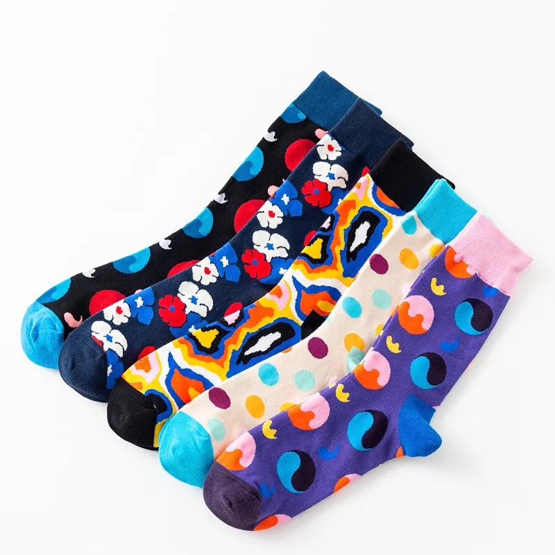 Men Socks Cartoon Cherry Origami Hot Air Balloon Stars Happy Funny Cotton Harajuku Hip Hop Street Style Casual Skate Cotton Sock