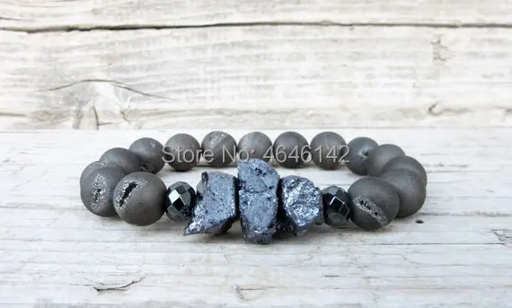 Bohemian Gray Druzy Agates With Stone Nugget Beads Hematite Stone Boho Stack Bracelet