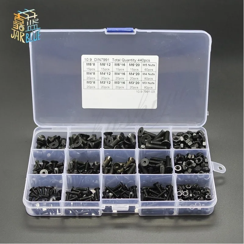 

Practical 440pcs M3 M4 M5 High Tensile Socket Flat Head Screws Nuts Kit