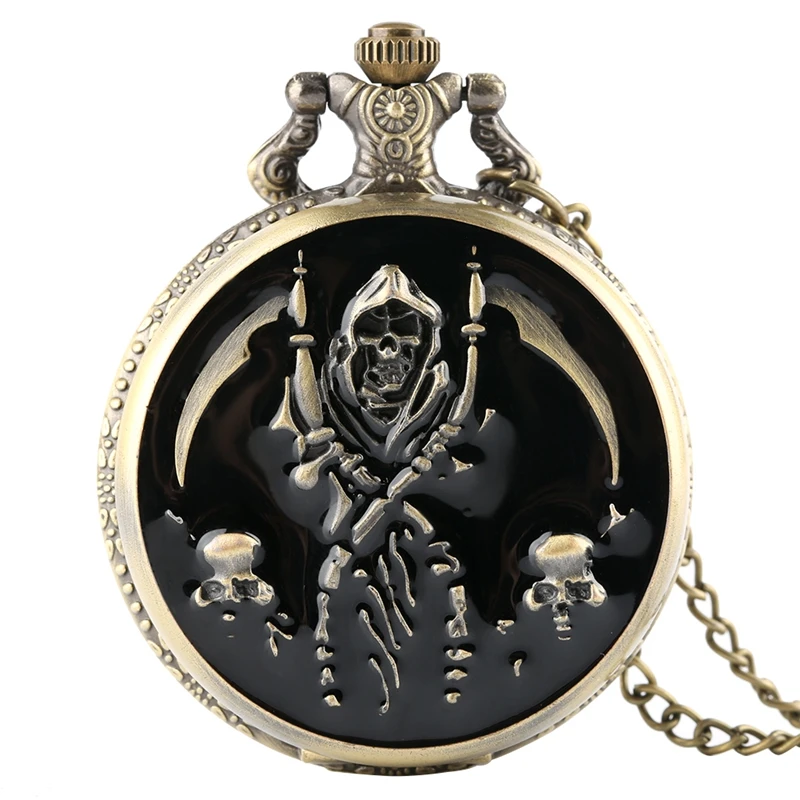 Cool Black Skull Quartz Pocket Watch Necklace Pendant Fashion Ghost Retro Chain Clock Souvenir Gift Floral rattan Pocket Watch