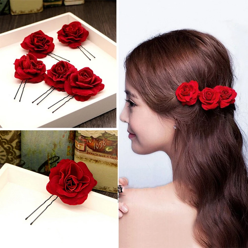 6pcs/5pcs Rose Flower U-shaped Hair Pins Wedding Hair Accessories Flowers Bridal Hair Clips for Women Headpieces