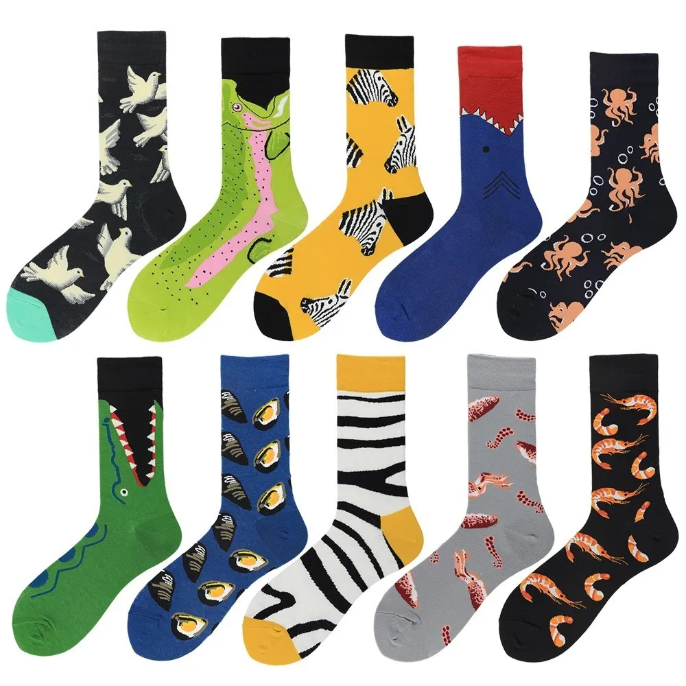 New  Spring Combed Cotton Men Happy Socks Funny High Quality Cartoon Animals Shrimp Crocodile Zebra Sokken Casual Socks Men