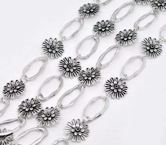 Lovely 1M Silver Color Flower Oval Link Chain Findings (B14206)