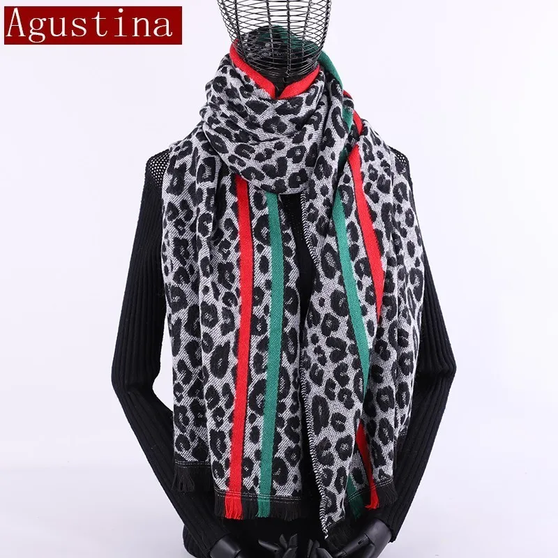 cashmere scarf Red green stripes Winter Leopard print women Fashion shawl tassel scarves luxury brand warm hijab cape pashimina