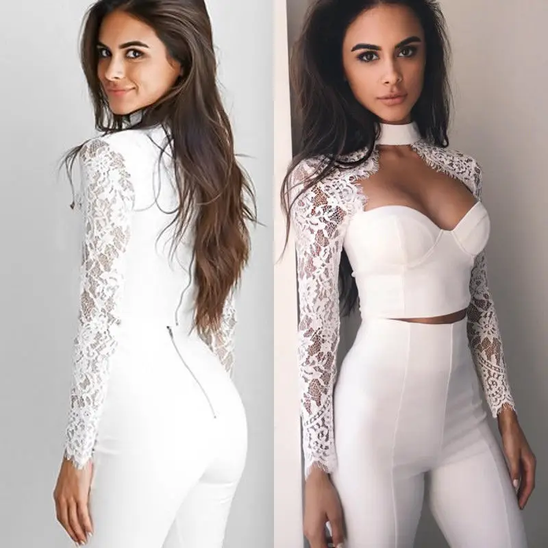 Hot Women\'s See Sexy through Lace Tops Mesh Sheer Black White Crop Top Solid T-Shirt Blouse