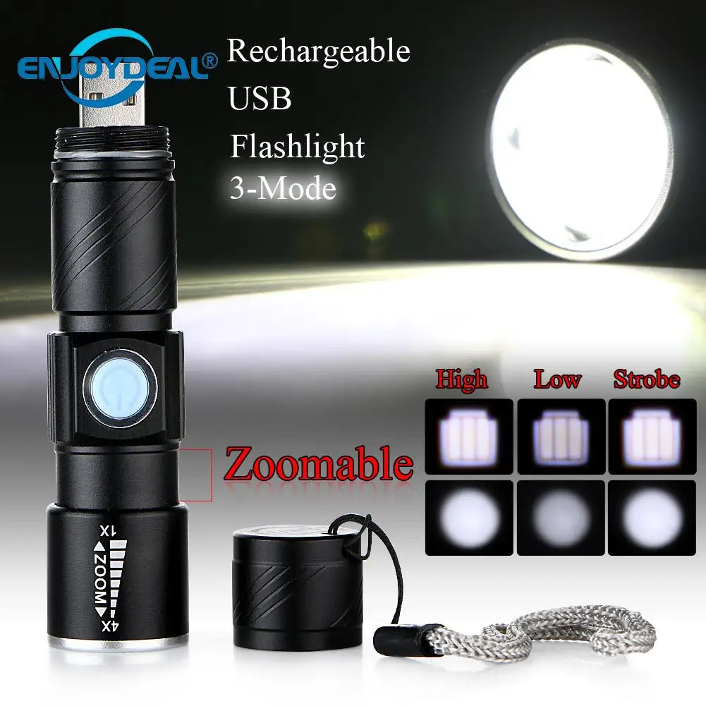 enjoydeal 1PC Q5 1000 Lm LED USB Rechargeable Flashlight Zoomable Adjustable Focus Flashlight Torch for camping outdoor Light