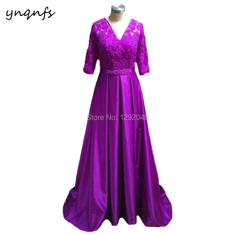 YNQNFS-vestido de novia largo con cuello en V para mujer, vestido de baile con apliques de estilo de encaje, fucsia Real M70, 2024