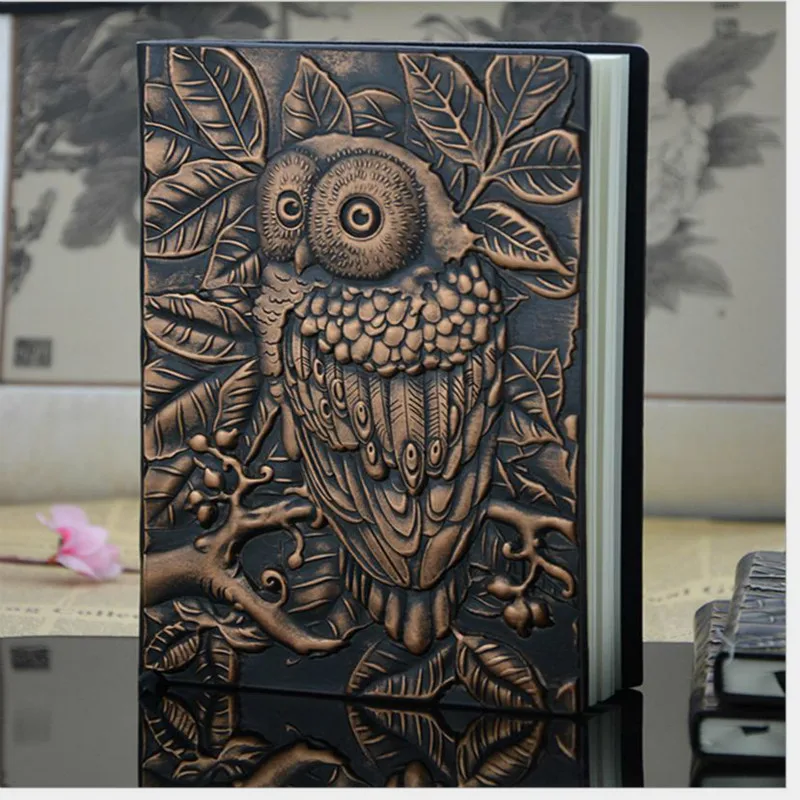 1PCS Vintage Thick Handmade Leather Carving Owl Notebook Journal Cute Sketchbook Paper Weekly Planner Accessories 01663