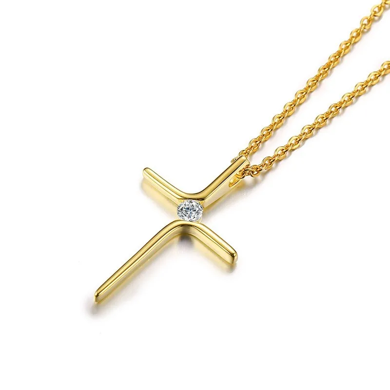 Cubic Zircon Cross Pendant Women Necklace Stainless Steel Charm CZ Stone Dainty Christian Jewelry Wholesale