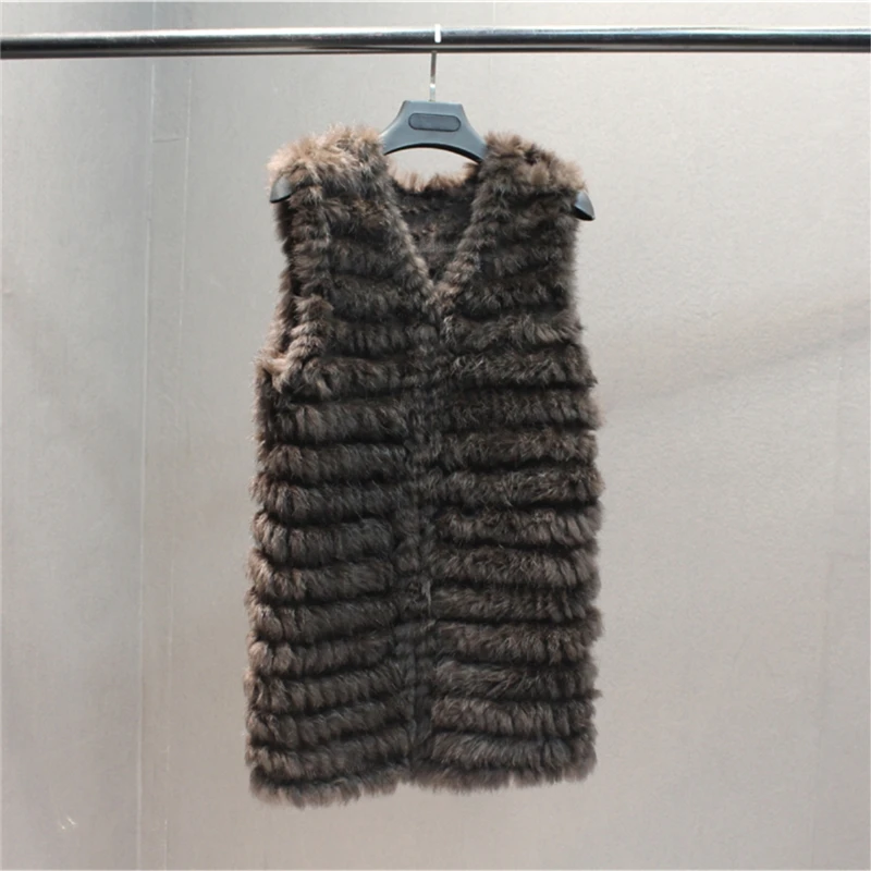 IANLAN New Womens Fashion Solid Long Vests Casual Real Rabbit Fur Waistcoat V-neck Ladies Striped Knitted Fur Gilets IL00516