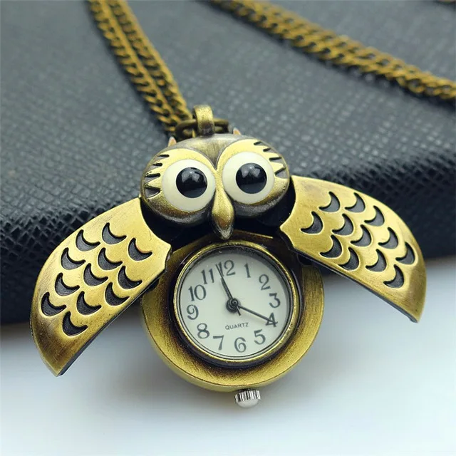 

Nazeyt new Fashion Retro Unisex Vintage double open Owl Pendant Antique Necklace Pocket Watch slide smart Fob child gift clock