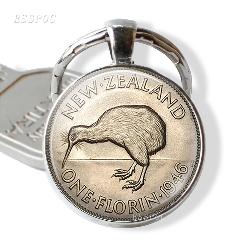 New Zealand Coin Image Keychain Glass 1946 Literary Silver Plated Jewelry A Vintage  Style Key Ring