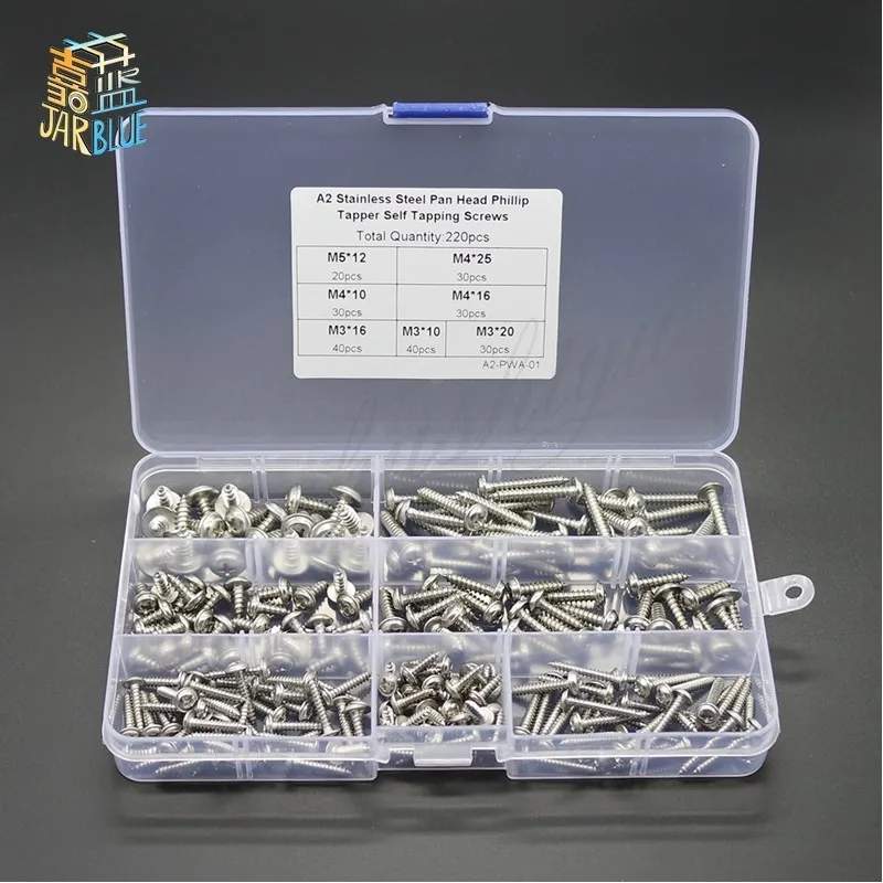 220pc M3 M4 M5 304 Stainless Steel Pan Head Cross Tapper Self Tapping Screws