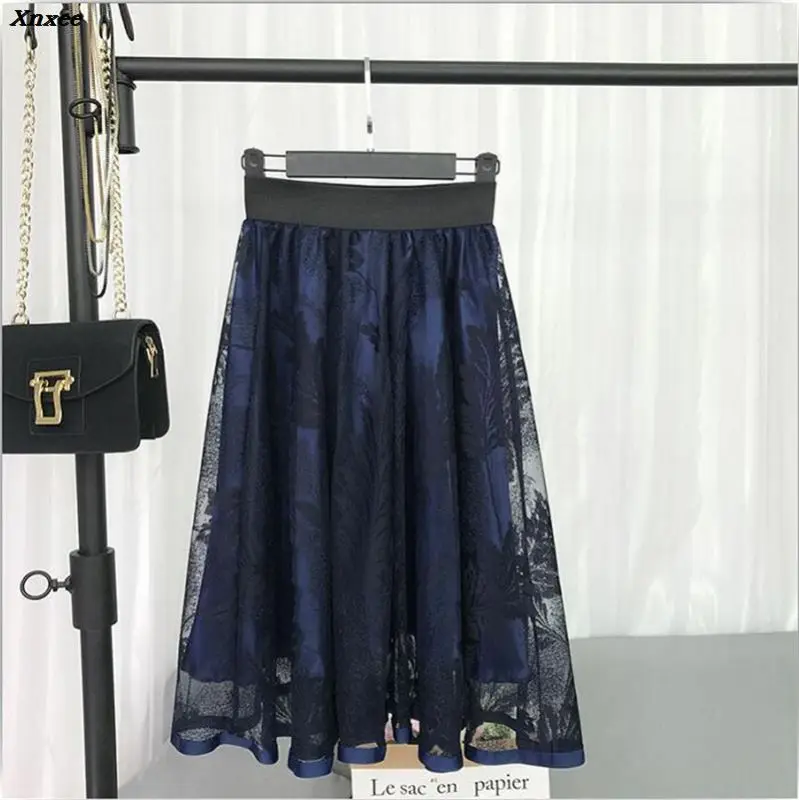 2018 neue Frühjahr Sommer Frauen Schwarz Rock Koreanischen Elastische Hohe Taille Spitze Röcke Süße Mesh Tüll Elegante Rock Falda Tüll xnxee