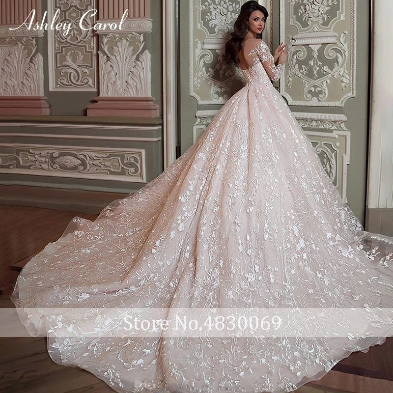 Ashley Carol Ball Gown Wedding Dresses Vestidos De Noiva Long Sleeves Sashes Appliques Princess Wedding Gown Vestidos De Novia