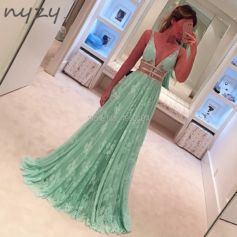 NYZY P9 abiti da ballo in pizzo verde menta 2 pezzi abito formale trasparente lungo Sexy donna elegante vestido de festa longo robe 2019