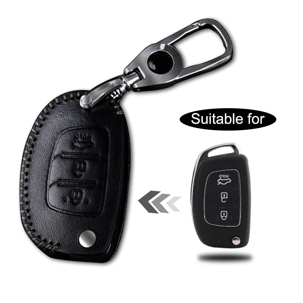 

Leather Car Key Case Key Fob Cover For Hyundai Tucson Creta ix25 ix35 Verna 3 4 Buttons Smart Folding Keychain